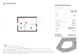 2 pokoje, apartament inwestycyjny 32,95 m², piętro 3, oferta nr 1.B.3.01, Murapol Portovo, Gdańsk, Śródmieście, ul. Mostek