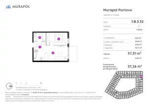 2 pokoje, apartament inwestycyjny 37,26 m², piętro 3, oferta nr 1.B.3.32, Murapol Portovo, Gdańsk, Śródmieście, ul. Mostek