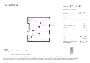 2 pokoje, mieszkanie 49,95 m², piętro 2, oferta nr 4.A.2.05, Murapol Trzy Lipki, Bielsko-Biała, Stare Bielsko, ul. Muszlowa