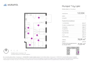 2 pokoje, mieszkanie 71,33 m², piętro 3, oferta nr 1.B.3.04, Murapol Trzy Lipki, Bielsko-Biała, Stare Bielsko, ul. Muszlowa