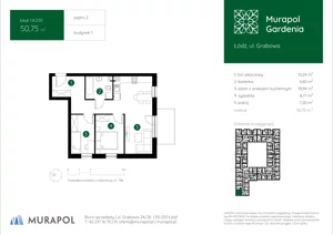 3 pokoje, mieszkanie 50,75 m², piętro 2, oferta nr 1.A.2.07, Murapol Gardenia, Łódź, Górna, Górniak, ul. Grabowa