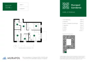 4 pokoje, mieszkanie 53,98 m², piętro 1, oferta nr 1.A.1.06, Murapol Gardenia, Łódź, Górna, Górniak, ul. Grabowa