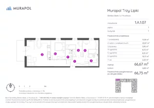 4 pokoje, mieszkanie 66,73 m², piętro 1, oferta nr 1.A.1.07, Murapol Trzy Lipki, Bielsko-Biała, Stare Bielsko, ul. Muszlowa