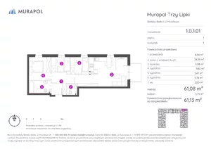4 pokoje, mieszkanie 61,13 m², piętro 1, oferta nr 1.B.1.01, Murapol Trzy Lipki, Bielsko-Biała, Stare Bielsko, ul. Muszlowa