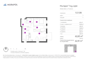 4 pokoje, mieszkanie 62,91 m², piętro 1, oferta nr 1.B.1.08, Murapol Trzy Lipki, Bielsko-Biała, Stare Bielsko, ul. Muszlowa