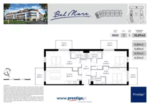 3 pokoje, mieszkanie 91,07 m², piętro 3, oferta nr B322, Bel Mare, Międzyzdroje, ul. Nowomyśliwska