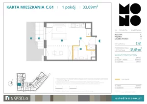 1 pokój, mieszkanie 33,09 m², parter, oferta nr C.61, Osiedle MONO, Warszawa, Białołęka, Tarchomin, ul. Odkryta 53