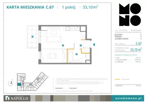 1 pokój, mieszkanie 33,10 m², piętro 1, oferta nr C.67, Osiedle MONO, Warszawa, Białołęka, Tarchomin, ul. Odkryta 53