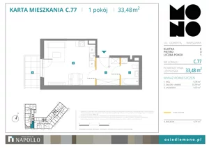 1 pokój, mieszkanie 33,48 m², piętro 3, oferta nr C.77, Osiedle MONO, Warszawa, Białołęka, Tarchomin, ul. Odkryta 53