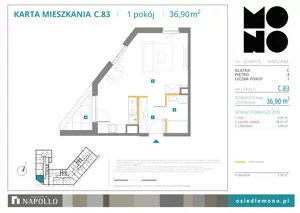 1 pokój, mieszkanie 36,90 m², piętro 4, oferta nr C.83, Osiedle MONO, Warszawa, Białołęka, Tarchomin, ul. Odkryta 53