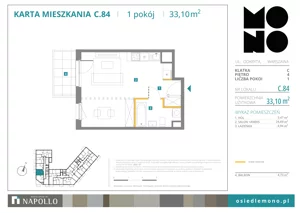 1 pokój, mieszkanie 33,10 m², piętro 4, oferta nr C.84, Osiedle MONO, Warszawa, Białołęka, Tarchomin, ul. Odkryta 53