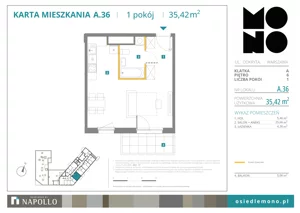 1 pokój, mieszkanie 35,42 m², piętro 6, oferta nr A.36, Osiedle MONO, Warszawa, Białołęka, Tarchomin, ul. Odkryta 53