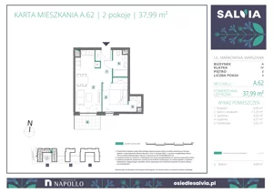 2 pokoje, mieszkanie 37,99 m², piętro 2, oferta nr A.62, Osiedle Salvia, Warszawa, Białołęka, Kobiałka, ul. Mańkowska