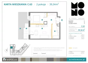 2 pokoje, mieszkanie 39,34 m², parter, oferta nr C.63, Osiedle MONO, Warszawa, Białołęka, Tarchomin, ul. Odkryta 53