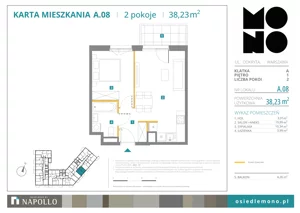 2 pokoje, mieszkanie 38,23 m², piętro 1, oferta nr A.08, Osiedle MONO, Warszawa, Białołęka, Tarchomin, ul. Odkryta 53