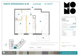 2 pokoje, mieszkanie 51,93 m², piętro 1, oferta nr B.45, Osiedle MONO, Warszawa, Białołęka, Tarchomin, ul. Odkryta 53