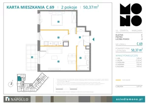 2 pokoje, mieszkanie 50,37 m², piętro 1, oferta nr C.69, Osiedle MONO, Warszawa, Białołęka, Tarchomin, ul. Odkryta 53