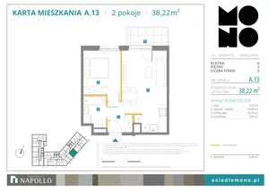 2 pokoje, mieszkanie 38,22 m², piętro 2, oferta nr A.13, Osiedle MONO, Warszawa, Białołęka, Tarchomin, ul. Odkryta 53
