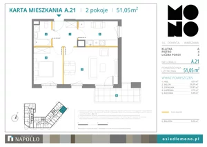 2 pokoje, mieszkanie 51,05 m², piętro 4, oferta nr A.21, Osiedle MONO, Warszawa, Białołęka, Tarchomin, ul. Odkryta 53