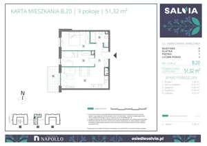 3 pokoje, mieszkanie 51,32 m², piętro 1, oferta nr B.20, Osiedle Salvia, Warszawa, Białołęka, Kobiałka, ul. Mańkowska