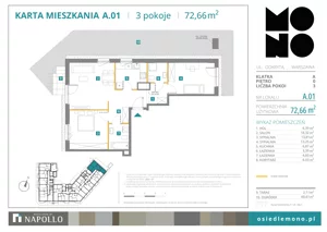 3 pokoje, mieszkanie 72,66 m², parter, oferta nr A.01, Osiedle MONO, Warszawa, Białołęka, Tarchomin, ul. Odkryta 53