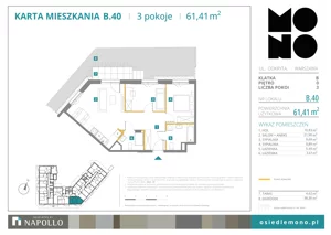 3 pokoje, mieszkanie 61,41 m², parter, oferta nr B.40, Osiedle MONO, Warszawa, Białołęka, Tarchomin, ul. Odkryta 53