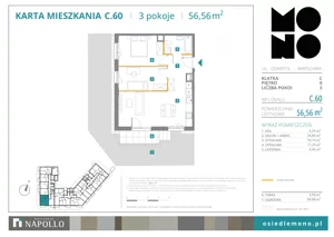 3 pokoje, mieszkanie 56,56 m², parter, oferta nr C.60, Osiedle MONO, Warszawa, Białołęka, Tarchomin, ul. Odkryta 53