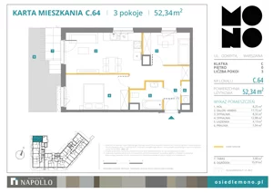 3 pokoje, mieszkanie 52,34 m², parter, oferta nr C.64, Osiedle MONO, Warszawa, Białołęka, Tarchomin, ul. Odkryta 53