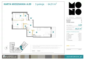 3 pokoje, mieszkanie 64,51 m², piętro 1, oferta nr A.09, Osiedle MONO, Warszawa, Białołęka, Tarchomin, ul. Odkryta 53