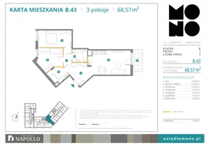 3 pokoje, mieszkanie 68,57 m², piętro 1, oferta nr B.43, Osiedle MONO, Warszawa, Białołęka, Tarchomin, ul. Odkryta 53