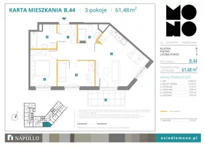 3 pokoje, mieszkanie 61,48 m², piętro 1, oferta nr B.44, Osiedle MONO, Warszawa, Białołęka, Tarchomin, ul. Odkryta 53