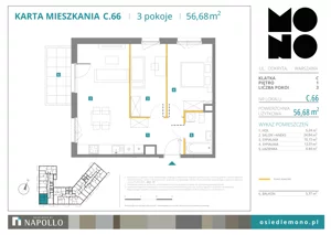 3 pokoje, mieszkanie 56,68 m², piętro 1, oferta nr C.66, Osiedle MONO, Warszawa, Białołęka, Tarchomin, ul. Odkryta 53