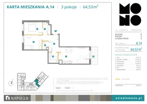 3 pokoje, mieszkanie 64,53 m², piętro 2, oferta nr A.14, Osiedle MONO, Warszawa, Białołęka, Tarchomin, ul. Odkryta 53