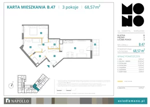 3 pokoje, mieszkanie 68,57 m², piętro 2, oferta nr B.47, Osiedle MONO, Warszawa, Białołęka, Tarchomin, ul. Odkryta 53