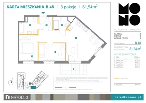 3 pokoje, mieszkanie 61,54 m², piętro 2, oferta nr B.48, Osiedle MONO, Warszawa, Białołęka, Tarchomin, ul. Odkryta 53