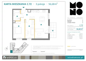 3 pokoje, mieszkanie 56,68 m², piętro 2, oferta nr C.72, Osiedle MONO, Warszawa, Białołęka, Tarchomin, ul. Odkryta 53