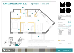 3 pokoje, mieszkanie 61,52 m², piętro 3, oferta nr B.52, Osiedle MONO, Warszawa, Białołęka, Tarchomin, ul. Odkryta 53