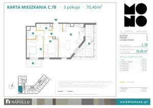 3 pokoje, mieszkanie 70,40 m², piętro 3, oferta nr C.78, Osiedle MONO, Warszawa, Białołęka, Tarchomin, ul. Odkryta 53