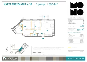 3 pokoje, mieszkanie 69,54 m², piętro 6, oferta nr A.38, Osiedle MONO, Warszawa, Białołęka, Tarchomin, ul. Odkryta 53