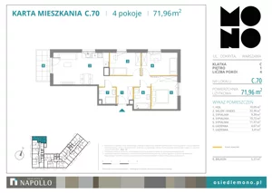 4 pokoje, mieszkanie 71,96 m², piętro 1, oferta nr C.70, Osiedle MONO, Warszawa, Białołęka, Tarchomin, ul. Odkryta 53