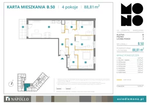 4 pokoje, mieszkanie 88,81 m², piętro 2, oferta nr B.50, Osiedle MONO, Warszawa, Białołęka, Tarchomin, ul. Odkryta 53
