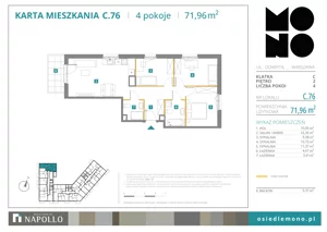 4 pokoje, mieszkanie 71,96 m², piętro 2, oferta nr C.76, Osiedle MONO, Warszawa, Białołęka, Tarchomin, ul. Odkryta 53