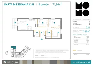 4 pokoje, mieszkanie 71,96 m², piętro 3, oferta nr C.81, Osiedle MONO, Warszawa, Białołęka, Tarchomin, ul. Odkryta 53