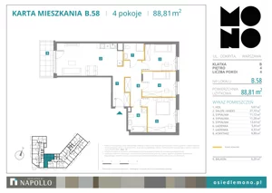 4 pokoje, mieszkanie 88,81 m², piętro 4, oferta nr B.58, Osiedle MONO, Warszawa, Białołęka, Tarchomin, ul. Odkryta 53