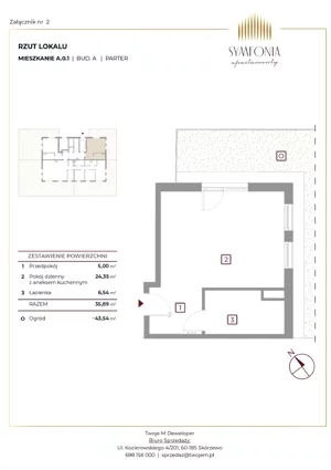 1 pokój, mieszkanie 35,89 m², parter, oferta nr A.0.1, Apartamenty Symfonia etap 1, Skórzewo, ul. Mozarta 2