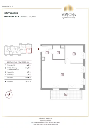2 pokoje, mieszkanie 53,06 m², piętro 2, oferta nr B.2.16, Apartamenty Symfonia etap 1, Skórzewo, ul. Mozarta 2