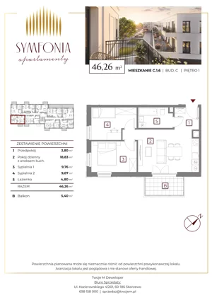 3 pokoje, mieszkanie 46,26 m², piętro 1, oferta nr C.1.6, Apartamenty Symfonia etap 2, Skórzewo, ul. Mozarta 2