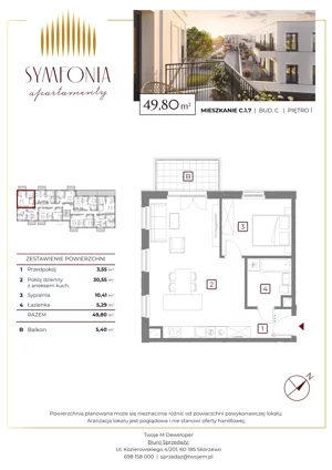 2 pokoje, mieszkanie 49,80 m², piętro 1, oferta nr C.1.7, Apartamenty Symfonia etap 2, Skórzewo, ul. Mozarta 2