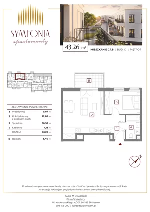 2 pokoje, mieszkanie 42,83 m², piętro 2, oferta nr D.2.10, Apartamenty Symfonia etap 2, Skórzewo, ul. Mozarta 2