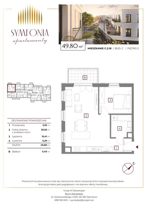 2 pokoje, mieszkanie 49,80 m², piętro 2, oferta nr C.2.16, Apartamenty Symfonia etap 2, Skórzewo, ul. Mozarta 2